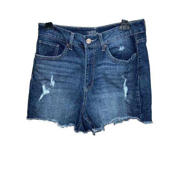 Time & Tru Womens High Rise Distressed Denim Shorts 14 Cut Off Raw Hem Blue Jean - Picture 1 of 7